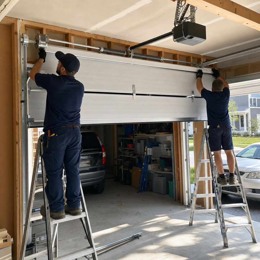 Two technicians performing a professional garage door installation service.