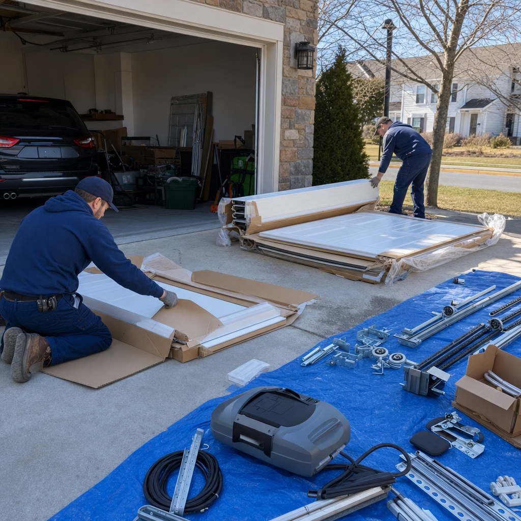 Two professional technicians assembling new garage door panels for installation.