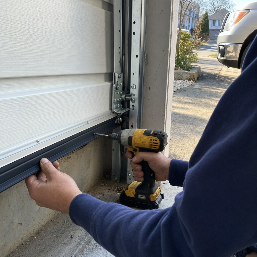 Technician installing garage door weather stripping with a power drill