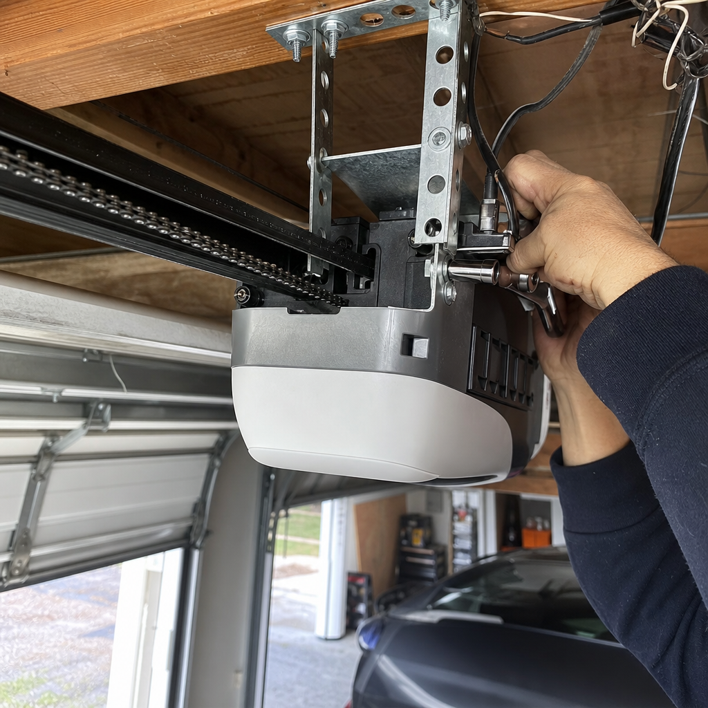 Technician performing maintenance and repair on a residential garage door opener motor