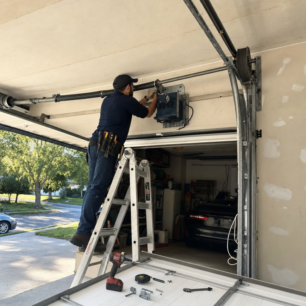 Technician performing professional garage door opener repair and installation