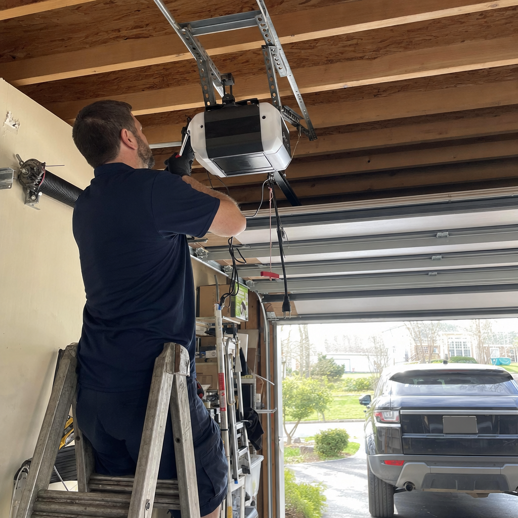 Professional technician installing a garage door opener on a ceiling