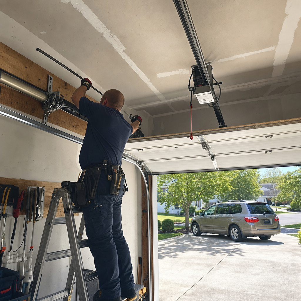 Professional technician performing residential garage door torsion spring repair