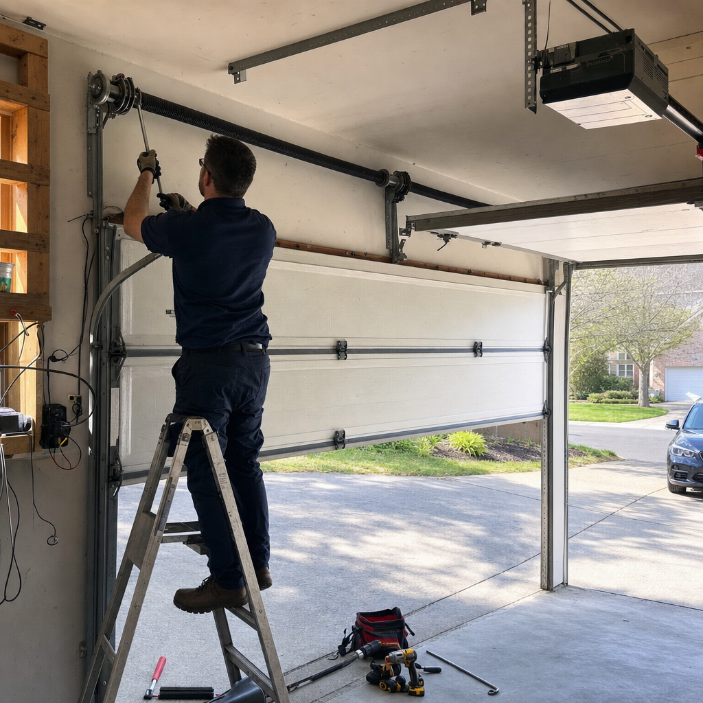 Technician performing professional garage door spring repair and maintenance