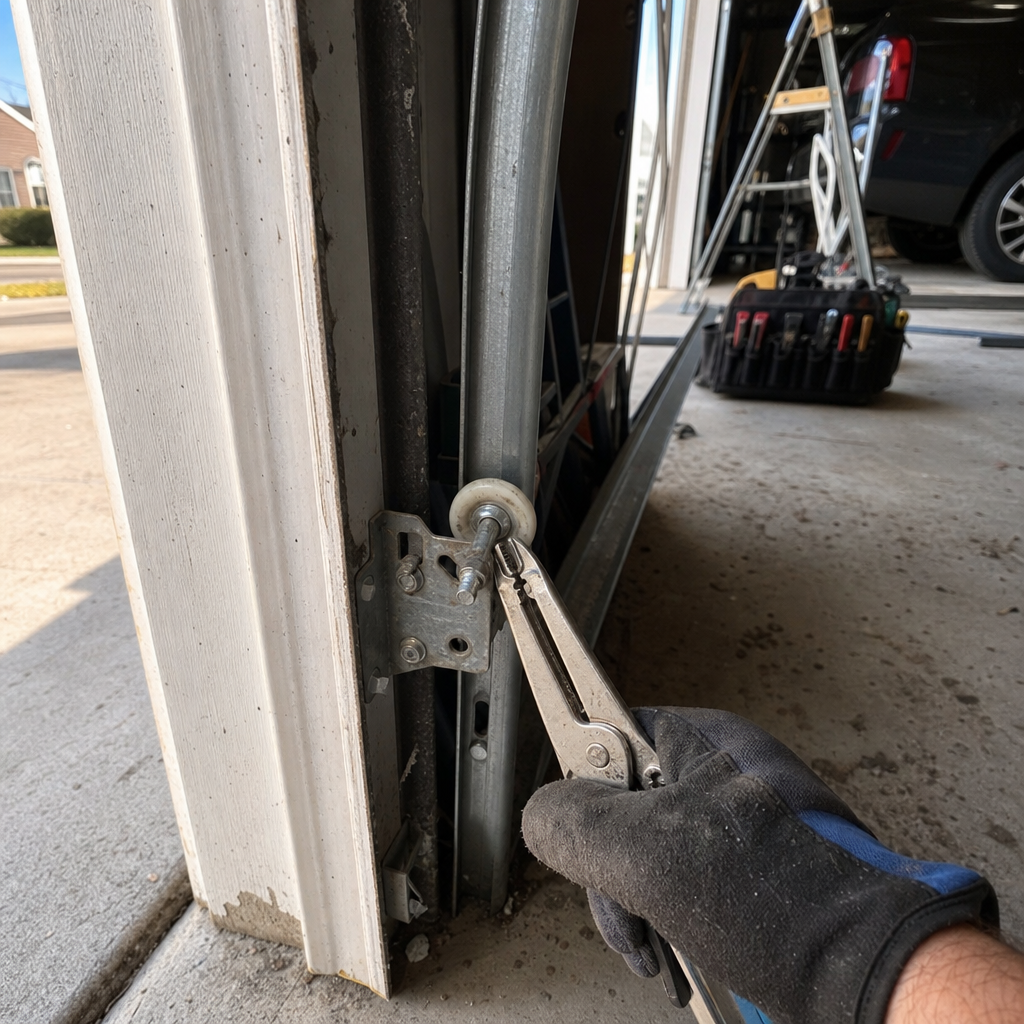 Technician performing professional garage door roller repair and maintenance